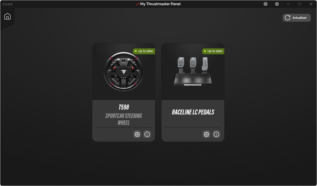 Home screen listing a T598 with SPORTCAR Steering Wheel and Raceline LC Pedals