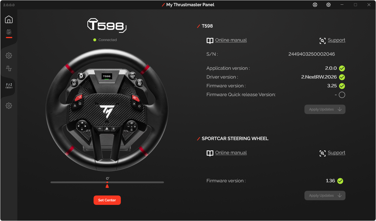 T598 overview screen with application, driver and firmware versions