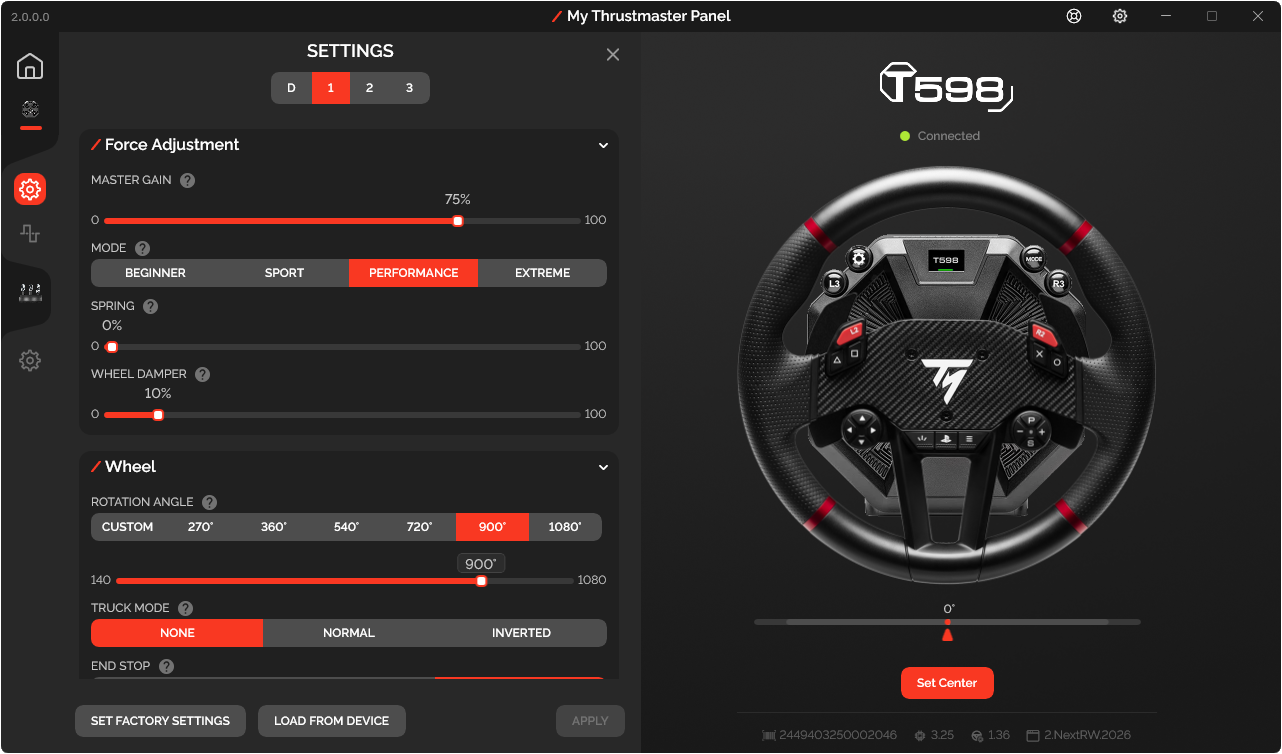 T598 settings screen with force adjustment, rotation angle and Truck Mode