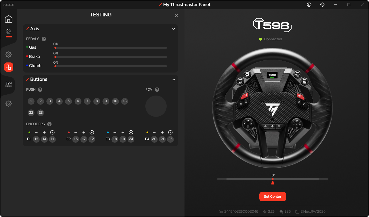 Testing screen showing pedal axes, buttons, POV and encoders